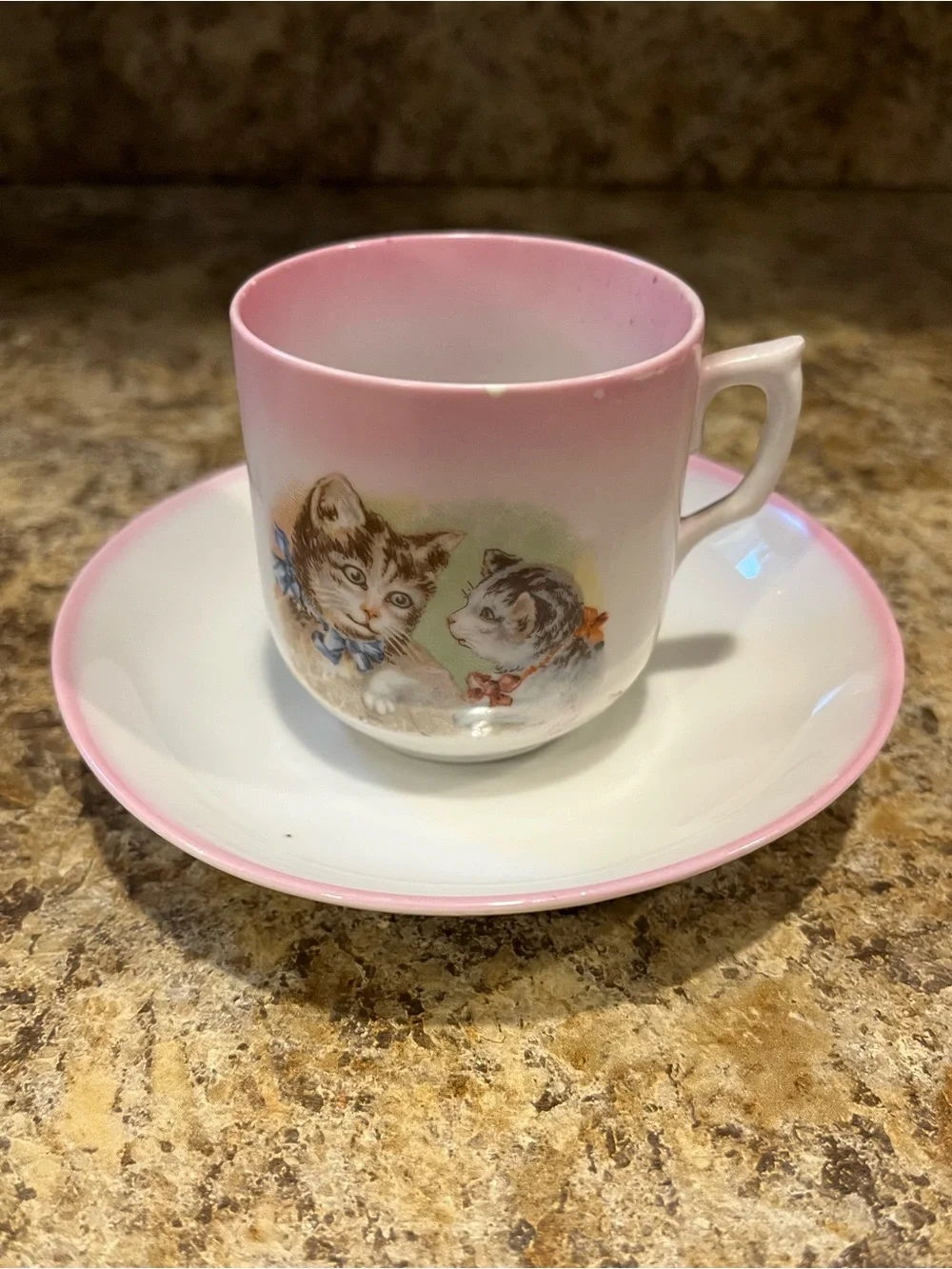 Vintage Pink Cat Demitasse Cup and Saucer Tabby Cats with Bows